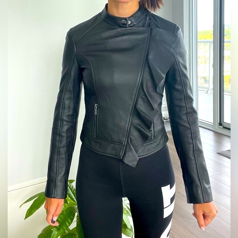 MARCIANO Daniel Moto-Zip Ruffle Leather Jacket - Picture 4 of 13